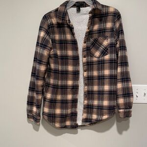 Forever 21 Brown and Navy Plaid Jacket with Sherpa Lining - Size Small